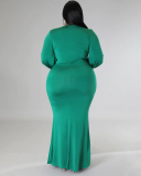 Women Fashion Long Sleeve V Neck Solid Color Maxi Plus Size Dress L-4XL