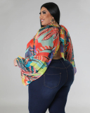 Hot Sale Plus Size Hollow Out Chiffon lacing Long Sleeve Top L-4XL