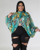 Hot Sale Plus Size Hollow Out Chiffon lacing Long Sleeve Top L-4XL