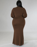 Women Fashion Long Sleeve V Neck Solid Color Maxi Plus Size Dress L-4XL