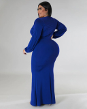 Women Fashion Long Sleeve V Neck Solid Color Maxi Plus Size Dress L-4XL