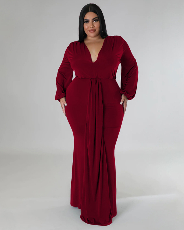 Women Fashion Long Sleeve V Neck Solid Color Maxi Plus Size Dress L-4XL