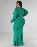 Women Fashion Long Sleeve V Neck Solid Color Maxi Plus Size Dress L-4XL