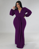 Women Fashion Long Sleeve V Neck Solid Color Maxi Plus Size Dress L-4XL