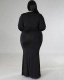 Women Fashion Long Sleeve V Neck Solid Color Maxi Plus Size Dress L-4XL
