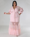 Women Lapel Patchwork Long Half Mesh Hem Plus Size Dresses Black White Pink Blue L-4XL