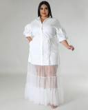 Women Lapel Patchwork Long Half Mesh Hem Plus Size Dresses Black White Pink Blue L-4XL
