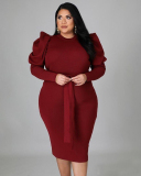 Autumn Women New Long Puff Sleeve Solid Color Midi Plus Size Dresses L-4XL