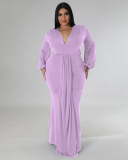 Women Fashion Long Sleeve V Neck Solid Color Maxi Plus Size Dress L-4XL