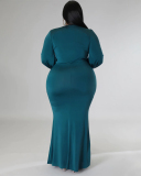 Women Fashion Long Sleeve V Neck Solid Color Maxi Plus Size Dress L-4XL