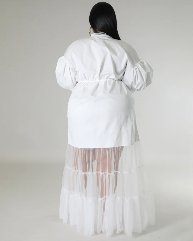 Women Lapel Patchwork Long Half Mesh Hem Plus Size Dresses Black White Pink Blue L-4XL