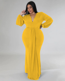 Women Fashion Long Sleeve V Neck Solid Color Maxi Plus Size Dress L-4XL