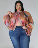 Hot Sale Plus Size Hollow Out Chiffon lacing Long Sleeve Top L-4XL
