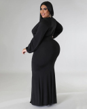 Women Fashion Long Sleeve V Neck Solid Color Maxi Plus Size Dress L-4XL