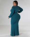 Women Fashion Long Sleeve V Neck Solid Color Maxi Plus Size Dress L-4XL