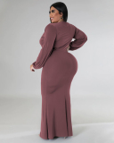 Women Fashion Long Sleeve V Neck Solid Color Maxi Plus Size Dress L-4XL