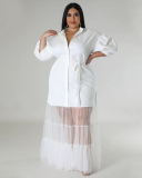 Women Lapel Patchwork Long Half Mesh Hem Plus Size Dresses Black White Pink Blue L-4XL