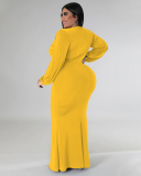 Women Fashion Long Sleeve V Neck Solid Color Maxi Plus Size Dress L-4XL