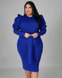 Autumn Women New Long Puff Sleeve Solid Color Midi Plus Size Dresses L-4XL