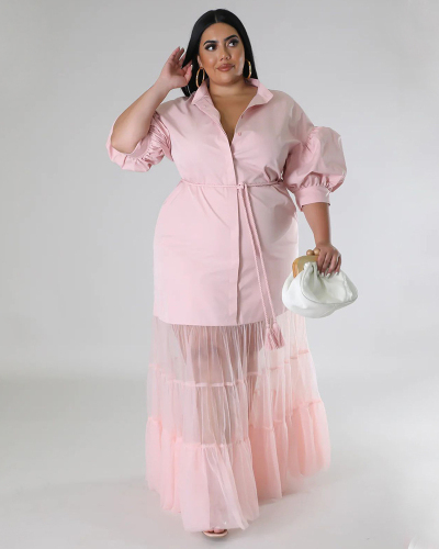 Women Lapel Patchwork Long Half Mesh Hem Plus Size Dresses Black White Pink Blue L-4XL