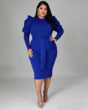 Autumn Women New Long Puff Sleeve Solid Color Midi Plus Size Dresses L-4XL