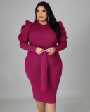 Autumn Women New Long Puff Sleeve Solid Color Midi Plus Size Dresses L-4XL