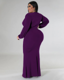 Women Fashion Long Sleeve V Neck Solid Color Maxi Plus Size Dress L-4XL