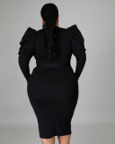 Autumn Women New Long Puff Sleeve Solid Color Midi Plus Size Dresses L-4XL