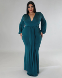 Women Fashion Long Sleeve V Neck Solid Color Maxi Plus Size Dress L-4XL