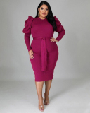 Autumn Women New Long Puff Sleeve Solid Color Midi Plus Size Dresses L-4XL