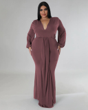 Women Fashion Long Sleeve V Neck Solid Color Maxi Plus Size Dress L-4XL
