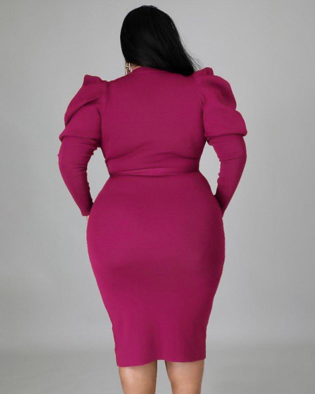 Autumn Women New Long Puff Sleeve Solid Color Midi Plus Size Dresses L-4XL