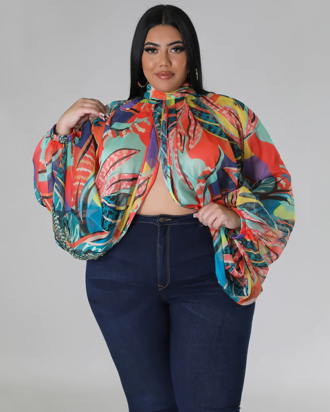 Hot Sale Plus Size Hollow Out Chiffon lacing Long Sleeve Top L-4XL