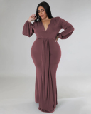 Women Fashion Long Sleeve V Neck Solid Color Maxi Plus Size Dress L-4XL