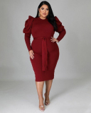 Autumn Women New Long Puff Sleeve Solid Color Midi Plus Size Dresses L-4XL