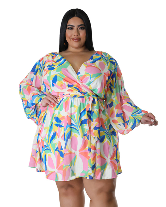 Women Spring Autumn Long Sleeve V Neck Florals  Plus Size Dresses XL-5XL