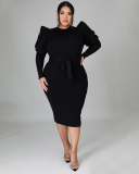Autumn Women New Long Puff Sleeve Solid Color Midi Plus Size Dresses L-4XL