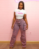 Tie-dye Denim High-waisted Straight Splicing Multi-pocket Trend Street Work Style Pants S-L