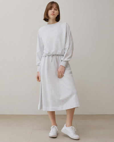 Crew Neck Long Sleeve Sweatshirt Yoga Sport Style Midi Skirt Two Piece Sets Gray S-L