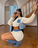 Women Fashion Patchwork Mesh Knit Skirt Sets Two Pieces Outfit Beige S-2XL