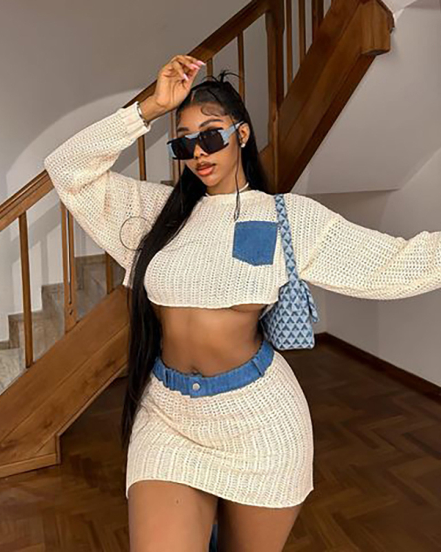 Women Fashion Patchwork Mesh Knit Skirt Sets Two Pieces Outfit Beige S-2XL