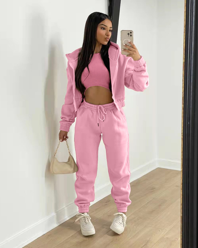 Hot Sale Long Sleeve Hoodies Coat Vest Inside High Waist Casual Pants Sets Three Piece Sets S-2XL