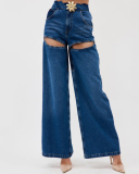 Hot Sale Wide Leg Hollow Out Autumn New Twist Knot Jean Pants Blue S-XL
