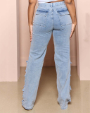 Women New Loose Hollow Out Wide Leg High Waist Blue Jeans S-3XL
