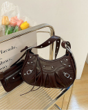 Women's Pleated Crescent 2 Piece Shoulder Bag Women's Retro Rivets Bag