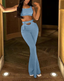 Women Summer Sleeveless Solid Color Knit Fashion Pants Sets Two Pieces Outfit Blue S-XL