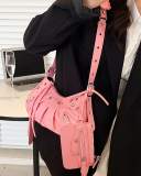 Women's Pleated Crescent 2 Piece Shoulder Bag Women's Retro Rivets Bag