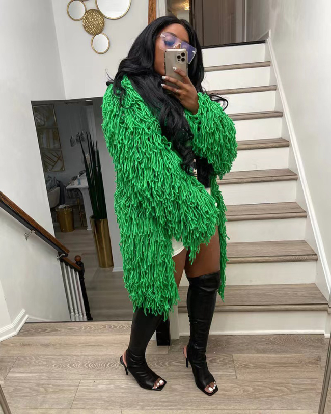 Hot Sale Knit Long Sleeve Solid Color Tassel Maxi Coat Black Red Rosy Coffee Green S-2XL