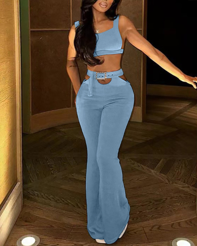 Women Summer Sleeveless Solid Color Knit Fashion Pants Sets Two Pieces Outfit Blue S-XL