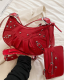 Women's Pleated Crescent 2 Piece Shoulder Bag Women's Retro Rivets Bag